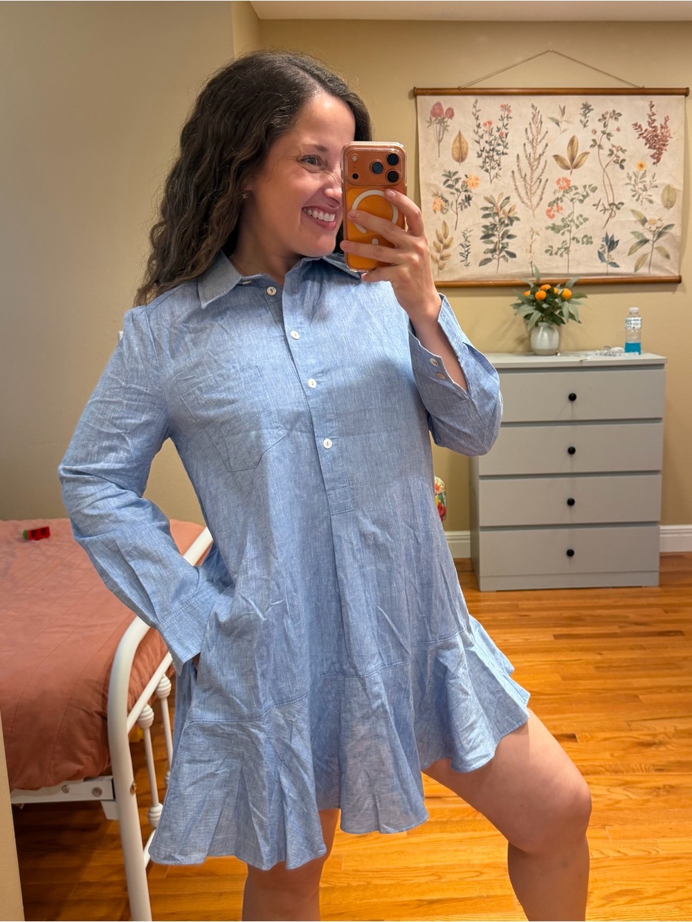 Tuckernuck Chambray Callahan Light Blue Long-Sleeve Ruffle Hem Shirt Dress Small